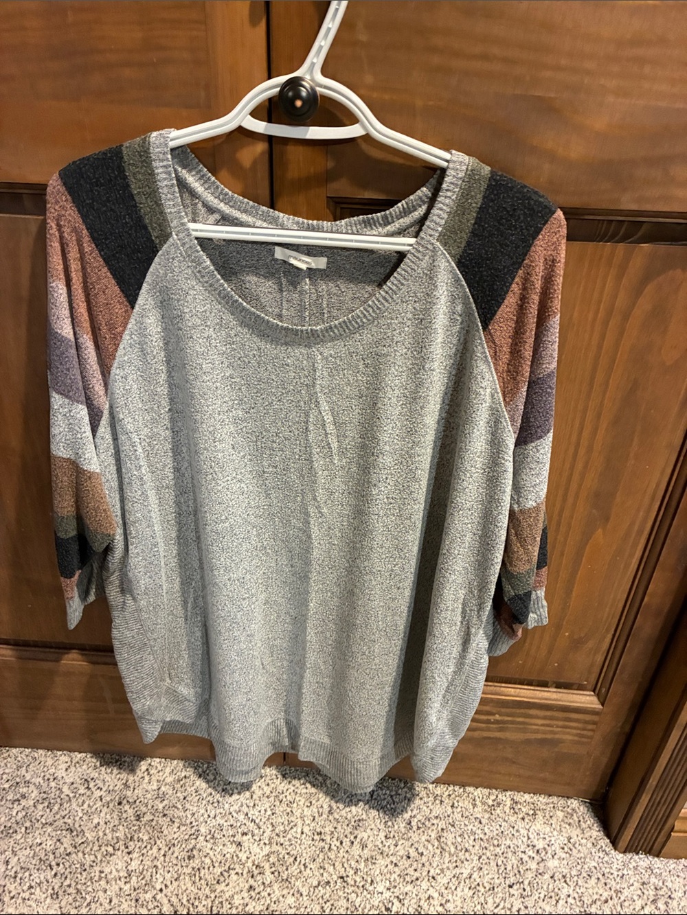 Maurices Gray Sweater with Striped Colorblock Sleeves